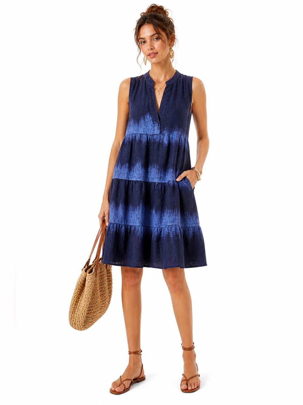 Rosemarine Italian Linen Ombre Sleeveless Tiered V-Neck Dress Womens Medium Navy